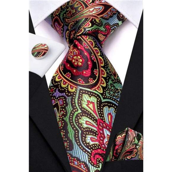 Mens Tie and Lapel Pin Paisley Striped Floral Necktie for Men Pocket Square - Picture 4 of 8